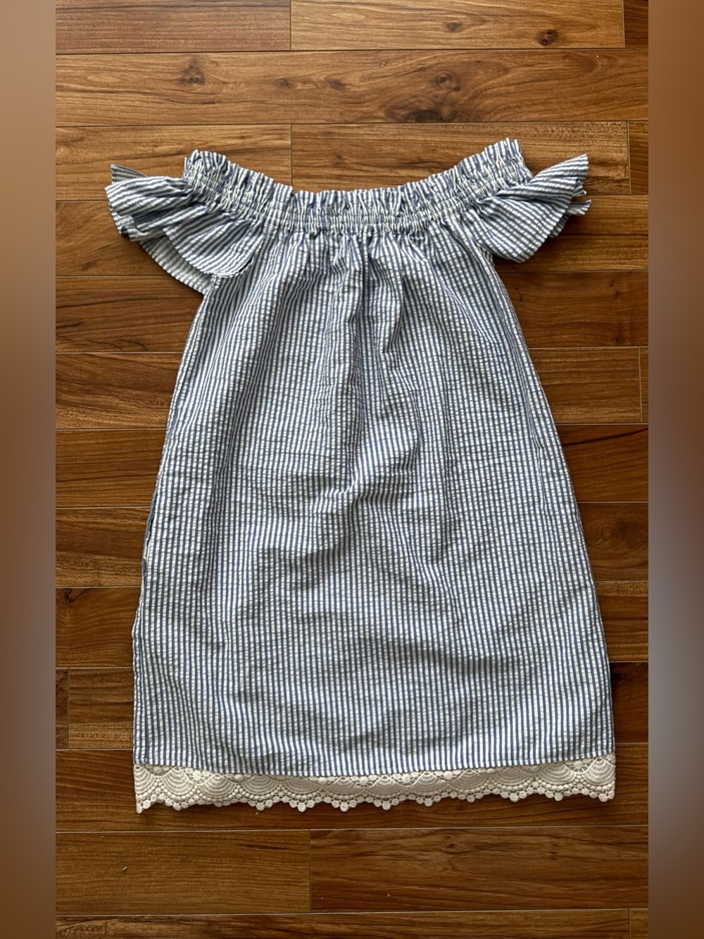 Zara Basic Blue & White Striped Seersucker Off The Shoulder Dress Lace Trim XS